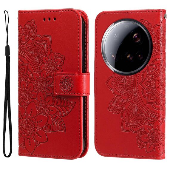 Per Xiaomi 15 Ultra Custodia in pelle con stampa a fiori a sette petali (rosso)