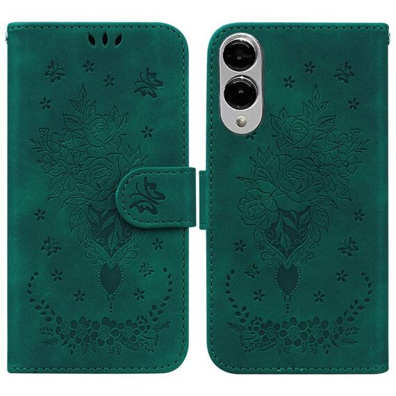 Per Samsung Galaxy S25 Edge 5G Custodia per telefono in pelle goffrata con motivo a farfalla rosa (verde)