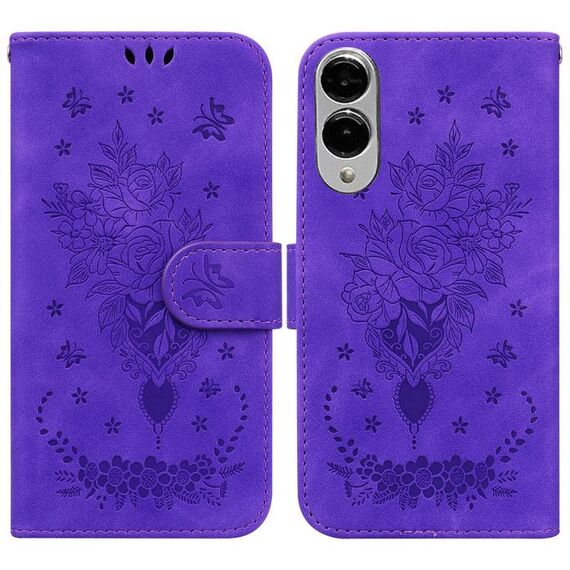 Per Samsung Galaxy S25 Edge 5G Custodia per telefono in pelle goffrata con motivo a farfalla rosa (viola)