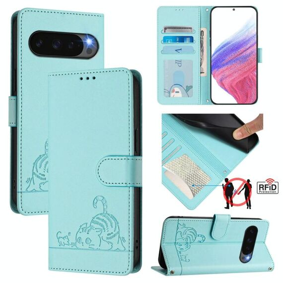 Per Google Pixel 10 5G Global Cat Rat Embossed Pattern RFID Custodia in pelle per telefono con cordino (verde menta)