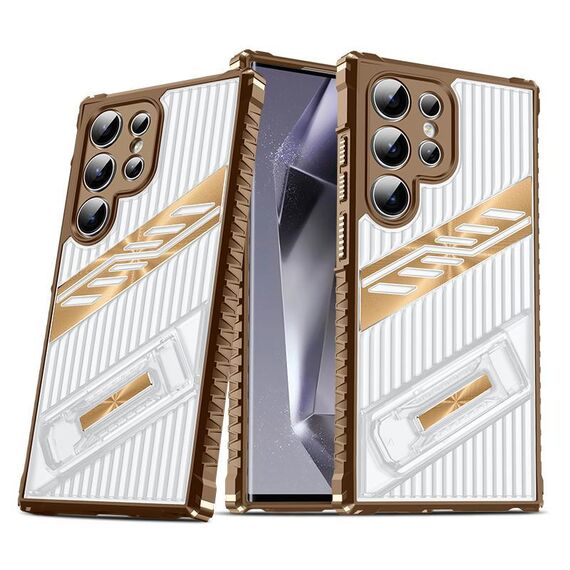 Per Samsung Galaxy S25 Ultra 5G Plating Holder PC Hybrid TPU Phone Case (Desert Gold)