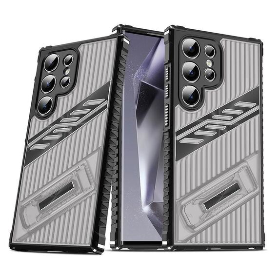 Per Samsung Galaxy S25 Ultra 5G Plating Holder PC Hybrid TPU Phone Case (Grigio Nero)