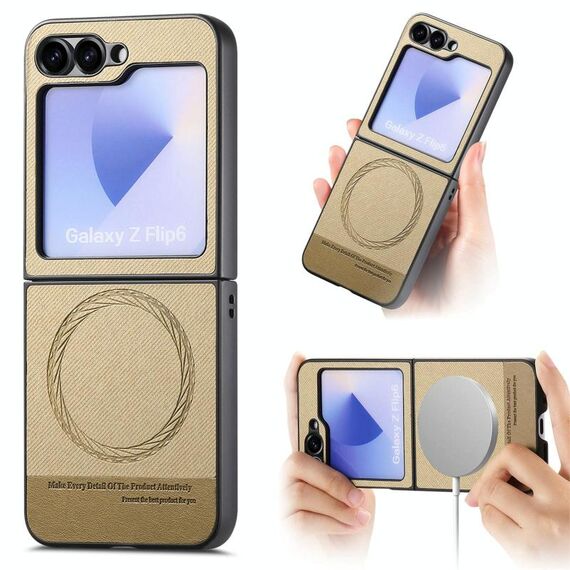 Per Samsung Galaxy Z Flip6 Twill Tessuto Pelle Pelle Custodia Posteriore Magnetica per Telefono (Cachi)