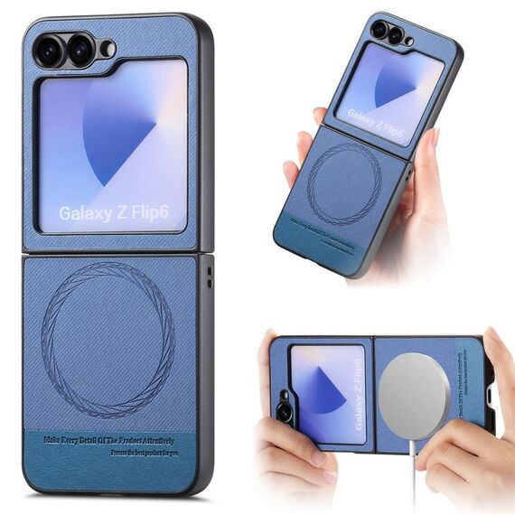 Per Samsung Galaxy Z Flip6 Twill Tessuto Pelle Pelle Custodia Posteriore Magnetica per Telefono (Blu)