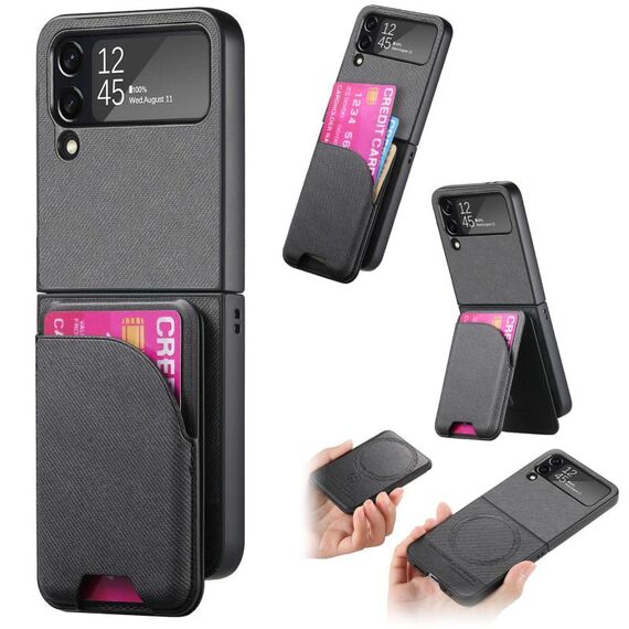Per Samsung Galaxy Z Flip4 Twill Tessuto Pelle Pelle Carta Borsa Magnetica Posteriore Custodia per Telefono (Nero)