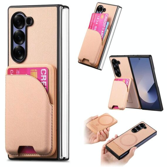 Per Samsung Galaxy Z Fold6 Twill Tessuto Pelle Pelle Carta Borsa Magnetica Posteriore Custodia per Telefono (Rosa)