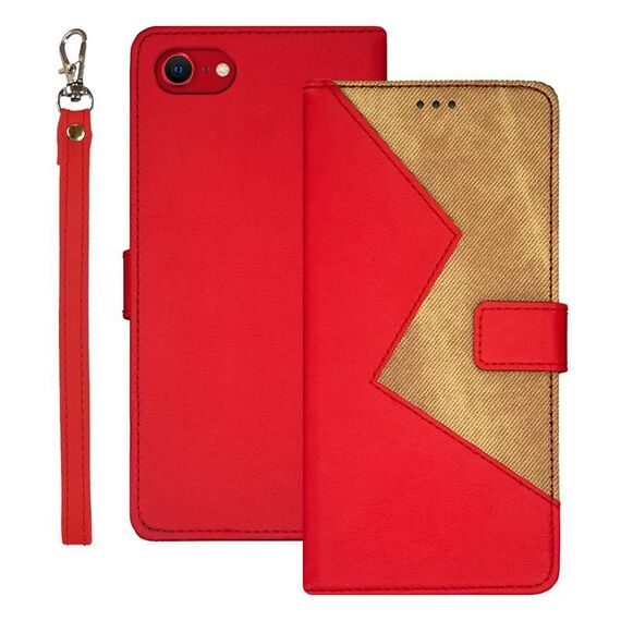 Per iPhone 16e idewei Custodia per telefono in pelle con cuciture bicolore (rosso)