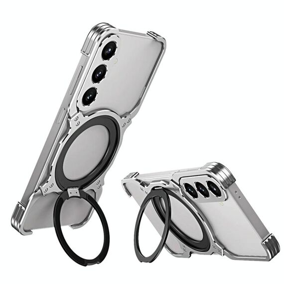 Per Samsung Galaxy S24+ 5G Custodia per telefono in metallo con supporto MagSafe senza bordi e braccio meccanico (grigio argento)
