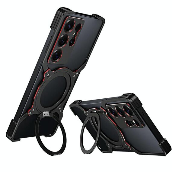 Per Samsung Galaxy S25 Ultra 5G Custodia per telefono in metallo con supporto MagSafe senza bordi e braccio meccanico (nero rosso)