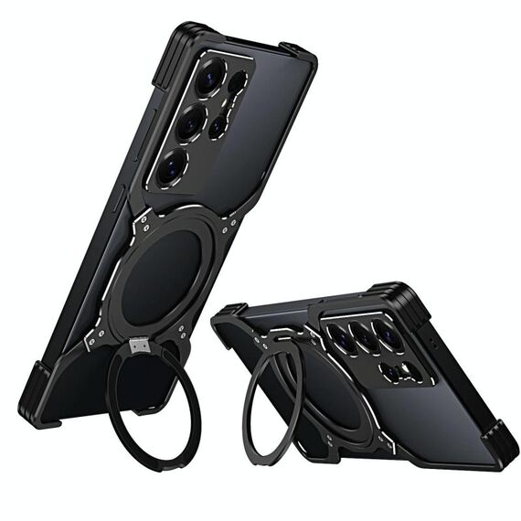 Per Samsung Galaxy S25 Ultra 5G Custodia per telefono in metallo con supporto MagSafe senza bordi e braccio meccanico (nero argento)