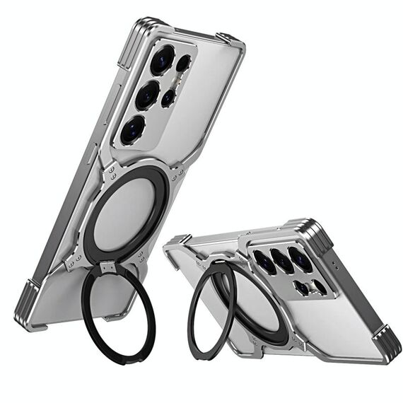 Per Samsung Galaxy S25 Ultra 5G Custodia per telefono in metallo con supporto MagSafe senza bordi e braccio meccanico (grigio argento)