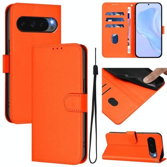 Per Google Pixel 10 Pro XL Custodia in pelle tinta unita con cordino (arancione)