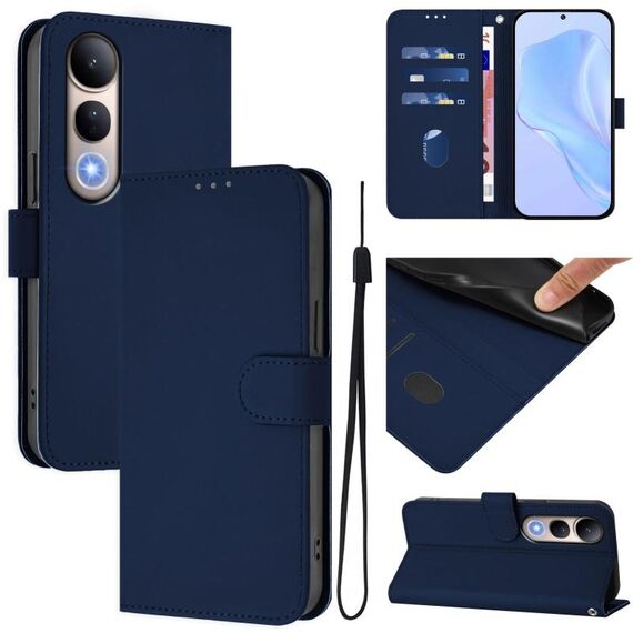 Per vivo V50 Lite 5G Custodia in pelle tinta unita con cordino (blu navy)