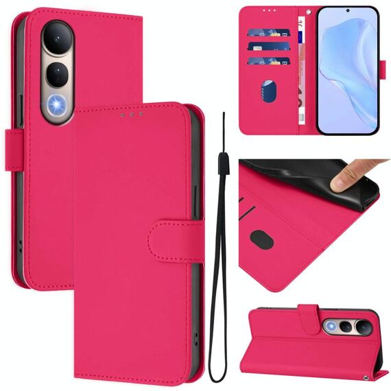 Per vivo V50 Lite 5G Custodia in pelle tinta unita con cordino (rosso rosa)