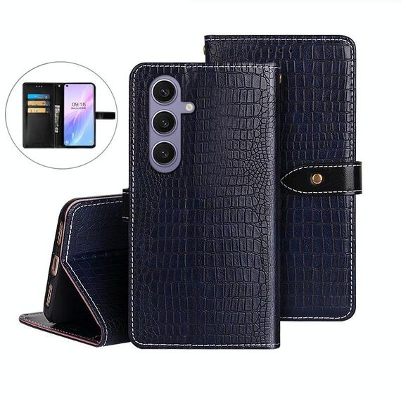 Per Samsung Galaxy S25+ 5G idewei Custodia per telefono in pelle con texture di coccodrillo (blu scuro)