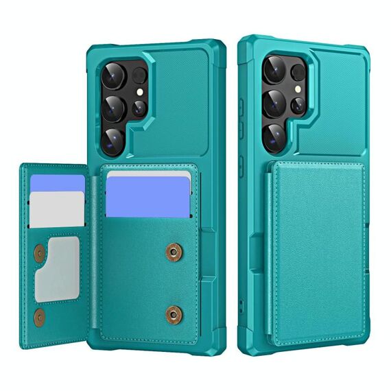 Per Samsung Galaxy S24 Ultra 5G Custodia per telefono in pelle con supporto per carte di credito orizzontale a ribalta (verde ciano)