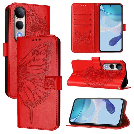Per vivo V50 Lite 5G Custodia in pelle con motivo a farfalla in rilievo (rosso)