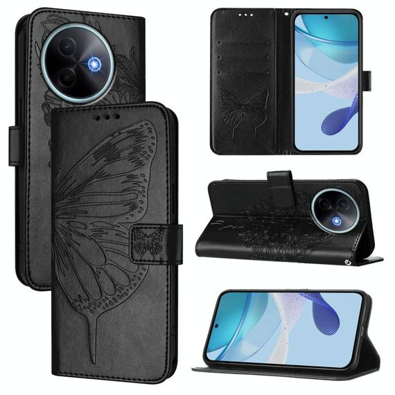 Per vivo Y39 5G Custodia per telefono in pelle con motivo a farfalla in rilievo globale (nero)