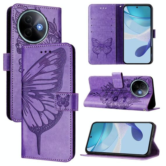 Per vivo Y39 5G Custodia per telefono in pelle con motivo a farfalla in rilievo globale (viola chiaro)