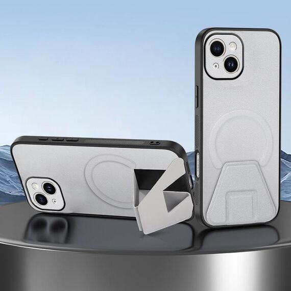 Per iPhone 15 Custodia per telefono integrata con supporto invisibile magnetico MagSafe con texture in pelle di pecora (bianca)