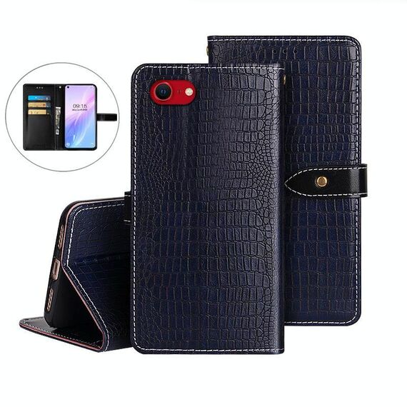 Per iPhone 16e idewei Custodia per telefono in pelle con texture di coccodrillo (blu scuro)