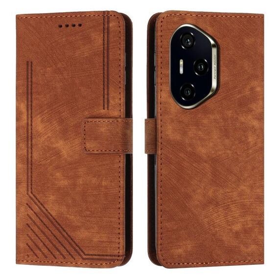 Per Honor 300 Pro / 300 Ultra Custodia in pelle con motivo a strisce e cordino (marrone)