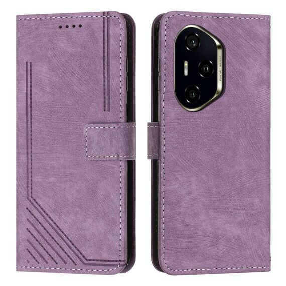 Per Honor 300 Pro / 300 Ultra Custodia in pelle con motivo a strisce e cordino (viola)