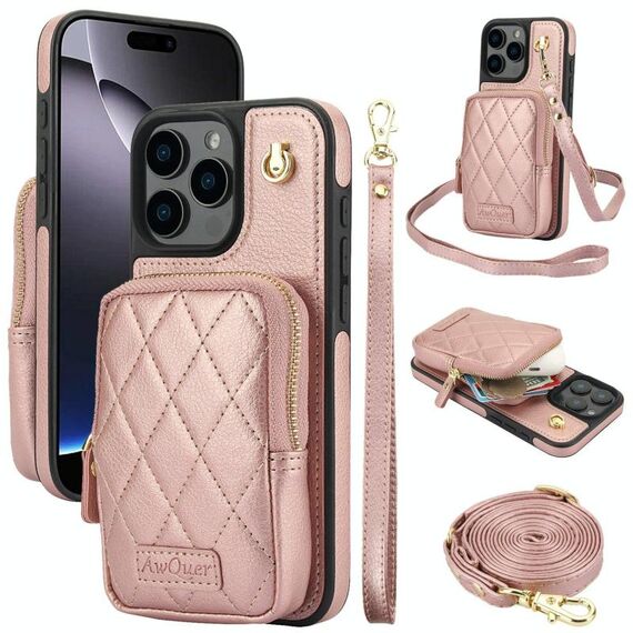 Per iPhone 16 Pro AwQuer Borsa a tracolla con cerniera Portafoglio in pelle Litchi Custodia per telefono (oro rosa)