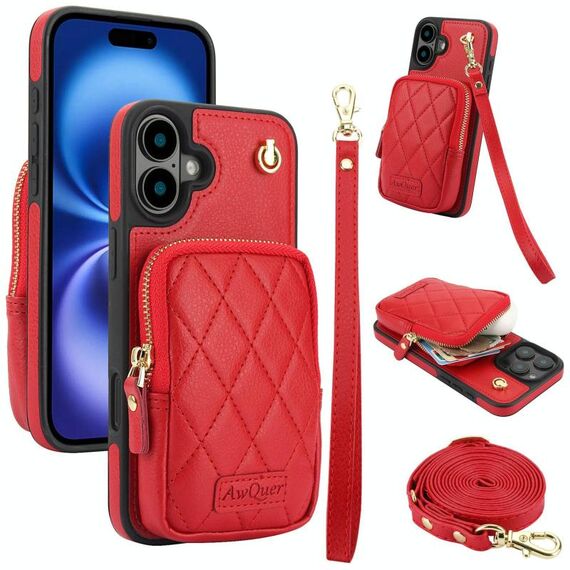 Per iPhone 16 AwQuer Borsa a tracolla con cerniera Portafoglio in pelle Litchi Custodia per telefono (rosso)