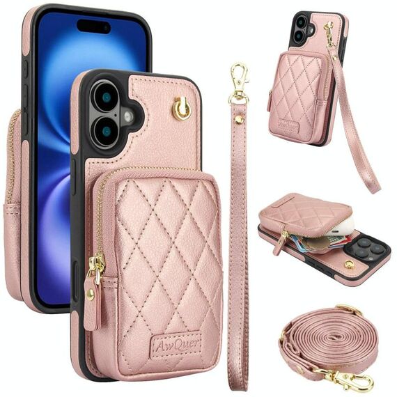 Per iPhone 16 AwQuer Borsa a tracolla con cerniera Portafoglio in pelle Litchi Custodia per telefono (oro rosa)