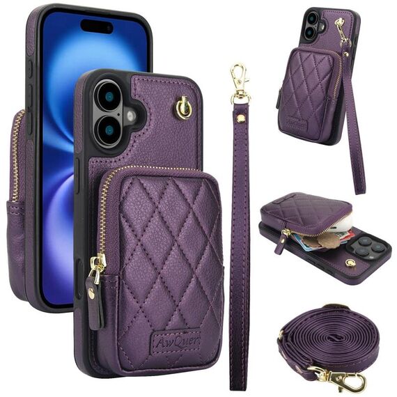 Per iPhone 16 AwQuer Borsa a tracolla con cerniera Portafoglio in pelle Litchi Custodia per telefono (viola scuro)