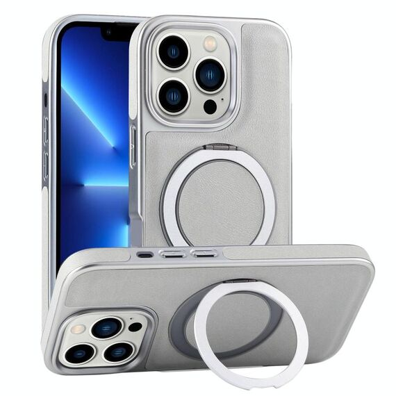 Per iPhone 13 Pro Custodia per telefono con supporto MagSafe in pelle placcata (verde grigiastro)
