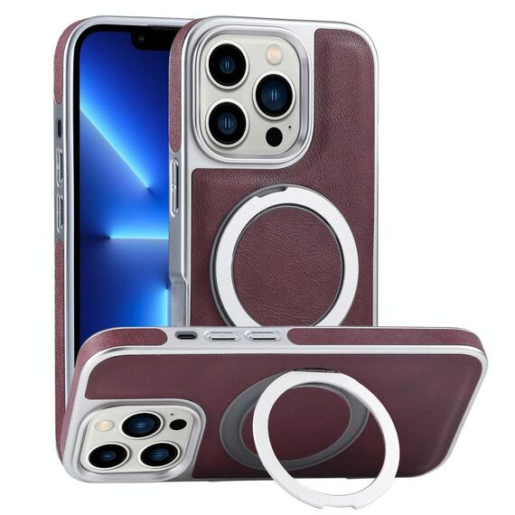 Per iPhone 13 Pro Custodia per telefono con supporto MagSafe in pelle placcata (rosso scuro)