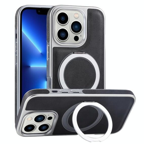Per iPhone 13 Pro Custodia per telefono con supporto MagSafe in pelle placcata (nero)