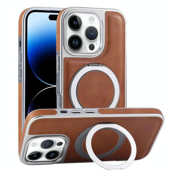 Per iPhone 14 Pro Custodia per telefono con supporto MagSafe in pelle placcata (marrone)