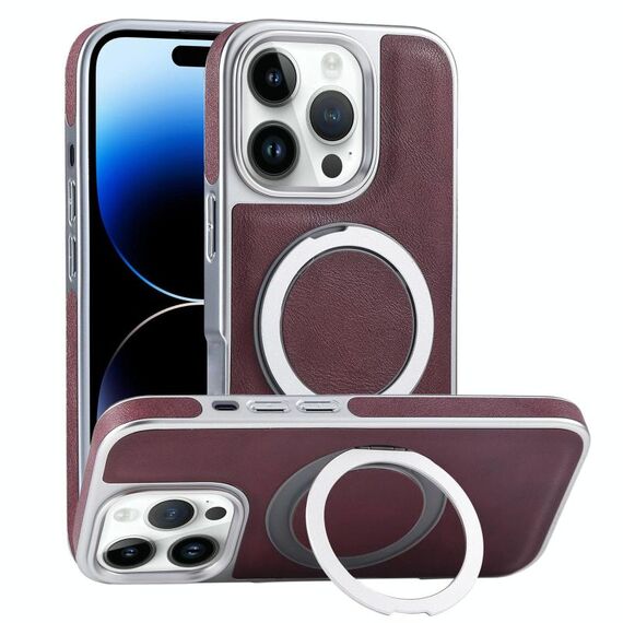 Per iPhone 14 Pro Max Custodia per telefono con supporto MagSafe in pelle placcata (rosso scuro)