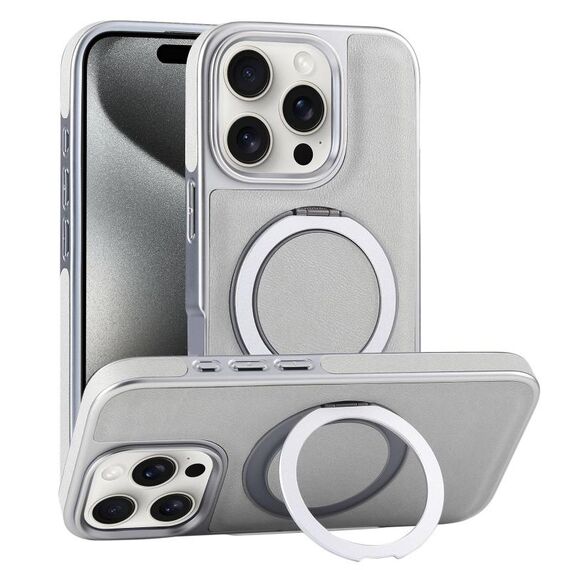 Per iPhone 15 Pro Max Custodia per telefono con supporto MagSafe in pelle placcata (verde grigiastro)