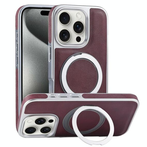 Per iPhone 15 Pro Max Custodia per telefono con supporto MagSafe in pelle placcata (rosso scuro)