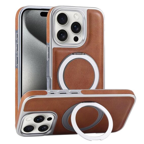 Per iPhone 15 Pro Max Custodia per telefono con supporto MagSafe in pelle placcata (marrone)