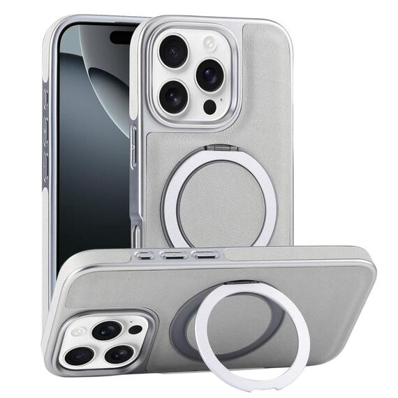 Per iPhone 16 Pro Custodia per telefono con supporto MagSafe in pelle placcata (verde grigiastro)