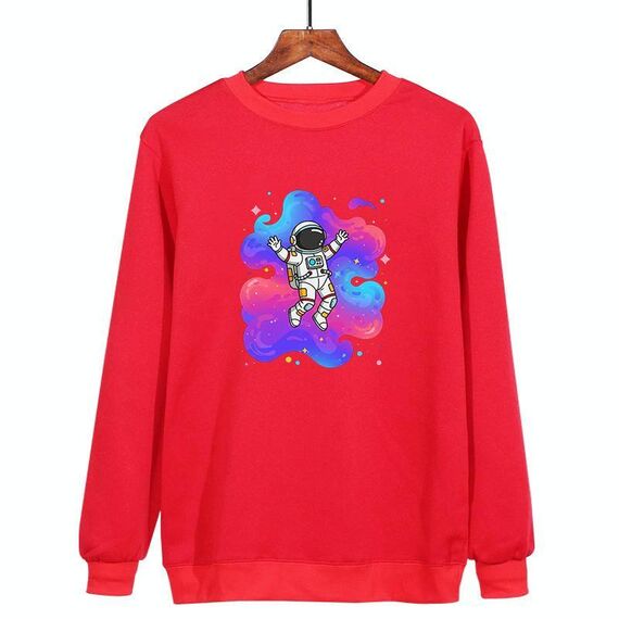 Felpa girocollo casual larga con stampa astronauta, stampa su richiesta, taglia: XS (rosso)