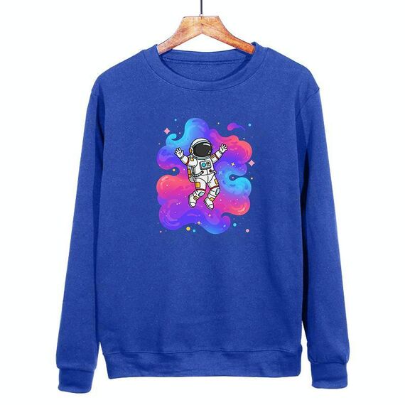 Felpa girocollo casual larga con stampa astronauta, stampa su richiesta, taglia: XS (blu)