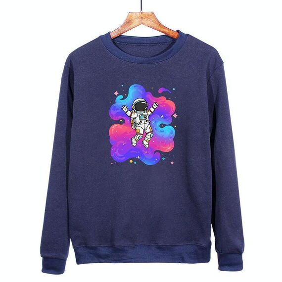 Felpa girocollo casual larga con stampa astronauta, stampa su richiesta, taglia: XL (blu navy)