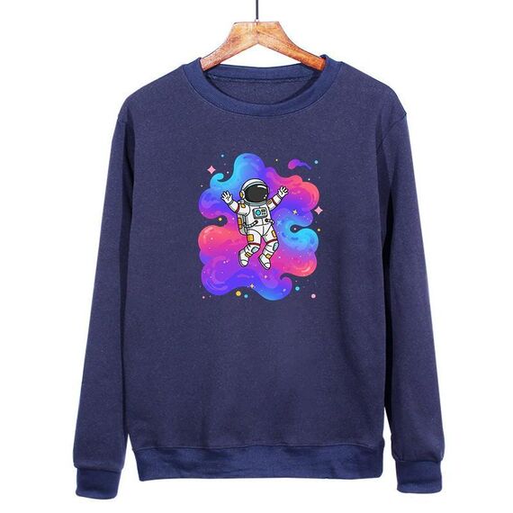 Felpa girocollo casual larga con stampa astronauta, stampa su richiesta, taglia: XXXL (blu navy)