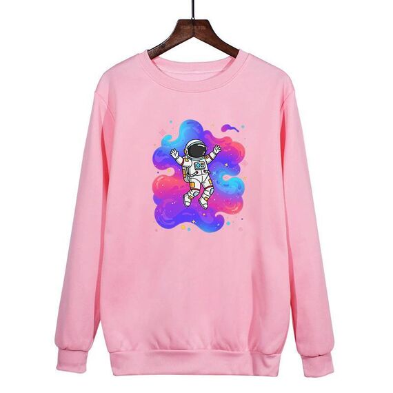 Felpa girocollo casual larga con stampa astronauta, stampa su richiesta, taglia: XXXL (rosa)