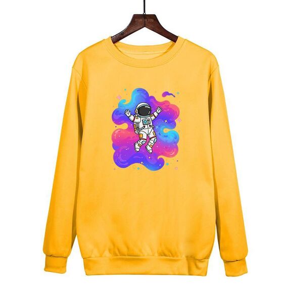 Felpa girocollo casual larga con stampa astronauta, stampa su richiesta, taglia: XXXL (giallo)