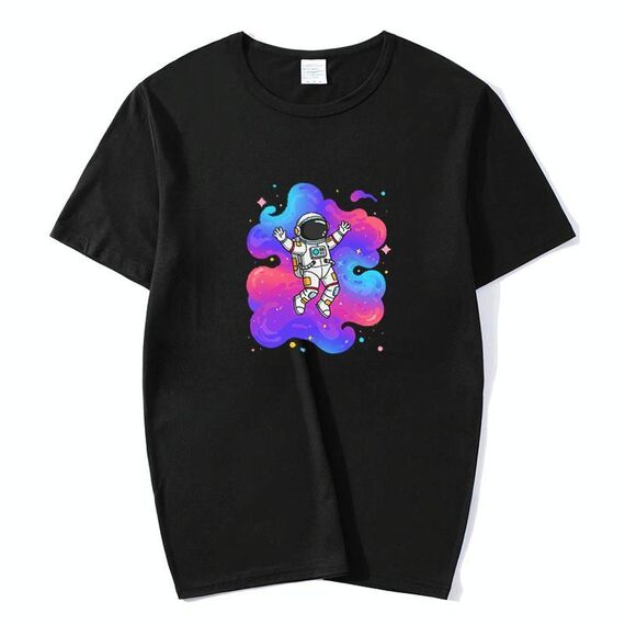 T-shirt a maniche corte in modal con scollo rotondo e stampa astronauta, stampa su richiesta, taglia: S (nero)
