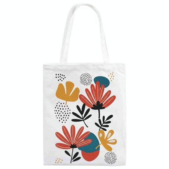 Borsa in tela stampata con fiori, stampa su richiesta, dimensioni: 30x25 cm (bianco)