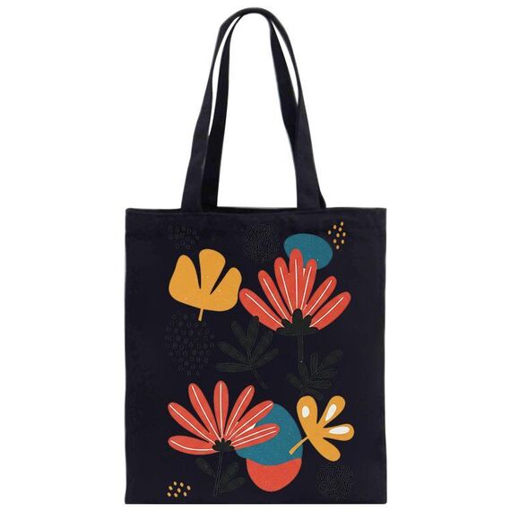 Borsa a mano in tela stampata con fiori, stampa su richiesta, dimensioni: 30x25 cm (nero)