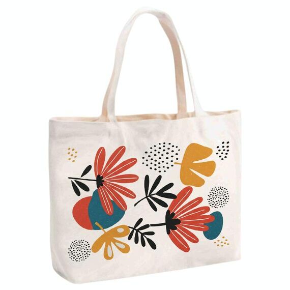 Borsa a mano in tela stampata con fiori, stampa su richiesta, dimensioni: 30x40x10 cm (beige)